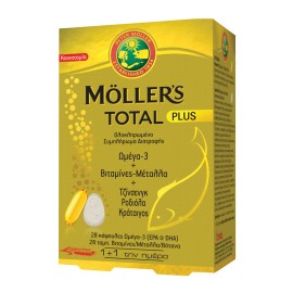 Mollers Total Plus Συμπλήρωμα Διατροφής με Ωμέγα 3, Βιταμίνες, Μέταλλα & 3 Καταξιωμένα Βότανα - Για Ολοκληρωμένη Τόνωση του Οργανισμού, 28+28caps