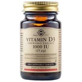 Solgar Vitamin D3 1000 IU (25μg) Συμπλήρωμα Διατροφής Μασώμενης Βιταμίνης D3 με Γεύση Μπανάνα - Φράουλα με Πολλαπλά Οφέλη για τον Οργανισμό, Ιδανικό για την Υγεία των Οστών & των Αρθρώσεων, 100chew.tabs