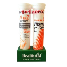 Health Aid Α to Ζ Αctive Πολυβιταμίνες με Τζίνσενγκ & Συνένζυμο Q10, 20 eff.tabs & ΔΩΡΟ Vitamin C 1000mg με Γεύση Πορτοκάλι, 20 eff.tabs